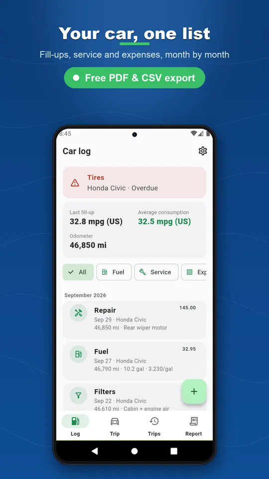Car Log: Fuel, Service & Costs — 1